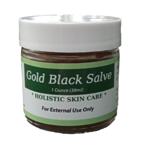 A jar of Paracelsus Herbs Gold Black Salve